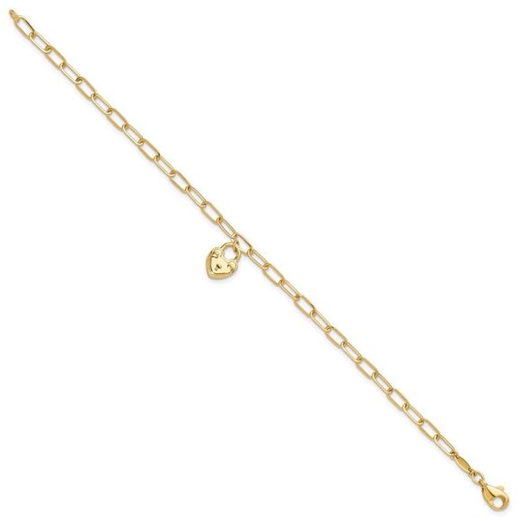 Kazi Luxury 14k Yellow Gold Polished Heart Lock Charm Paperclip Link Bracelet